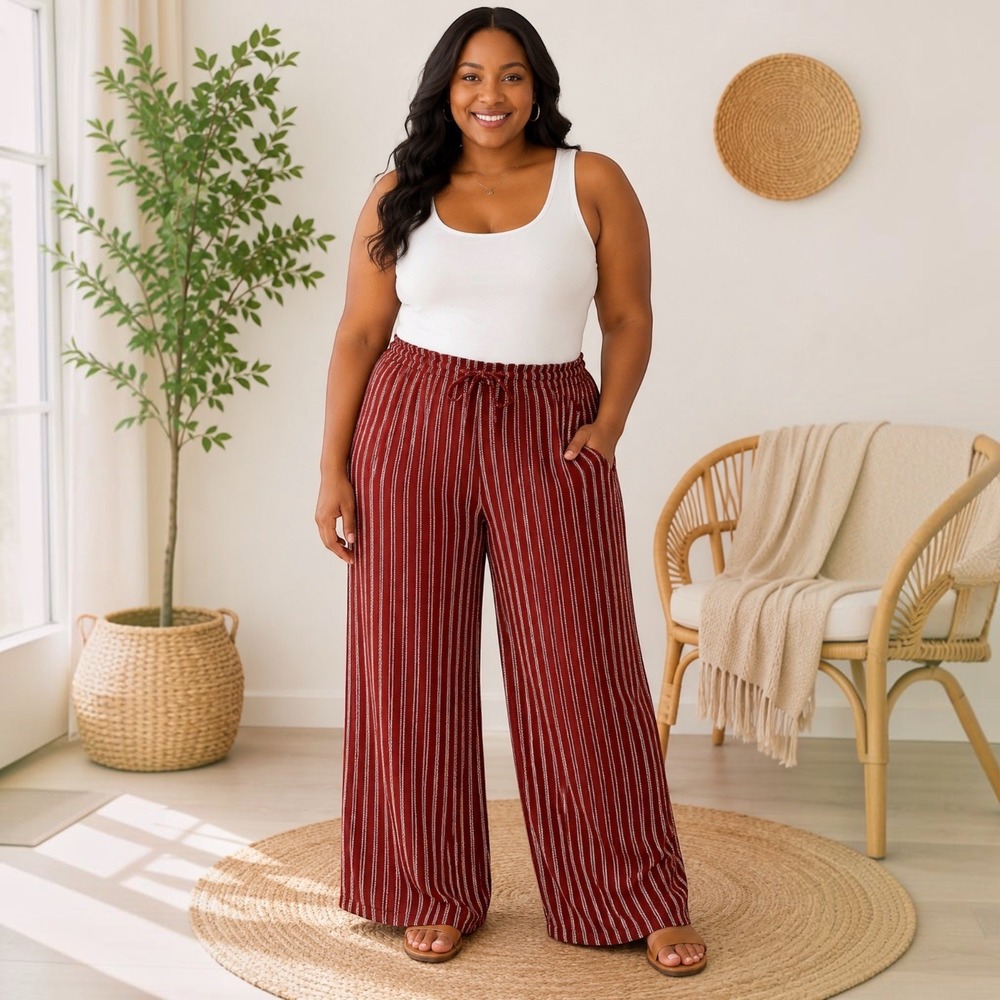 SONOMA XXL Linen Blend Rust Stripe Wide Leg Pants Drawstring Boho Coastal
